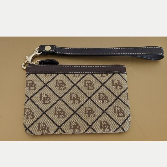 Dooney & Bourke Signature Monogram Tan and Brown Wristlet Wallet - Picture 1 of 5